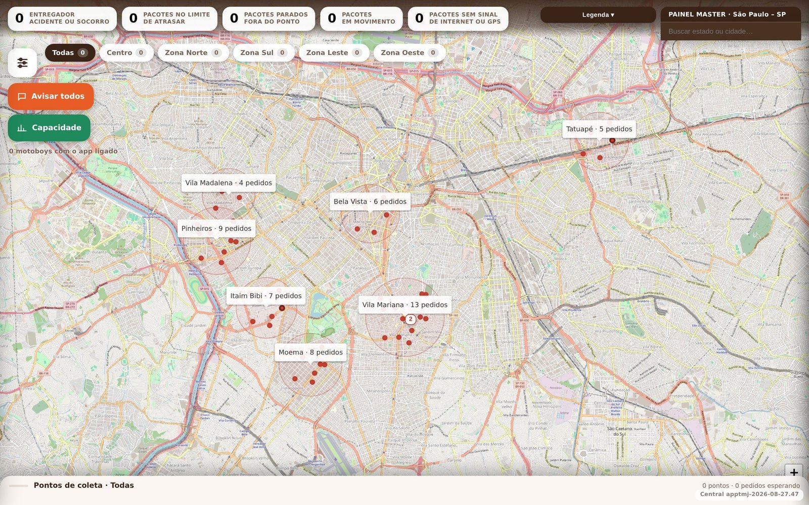 Central de operações da TamoJuntoApp Entregas: mapa de São Paulo com os pedidos pagos aparecendo por bairro — as mercadorias e para onde elas vão