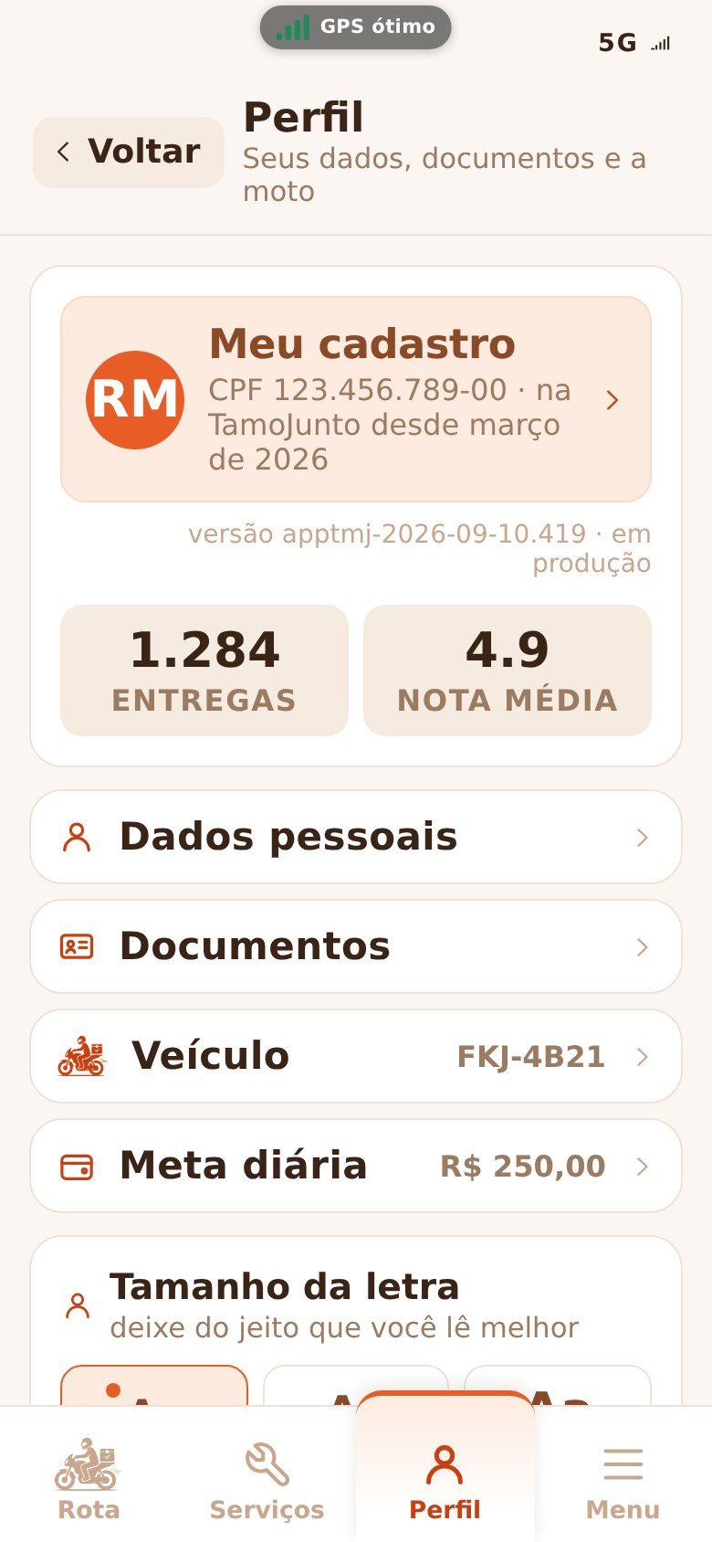 Tela de perfil do entregador no aplicativo TamoJuntoApp Entregas