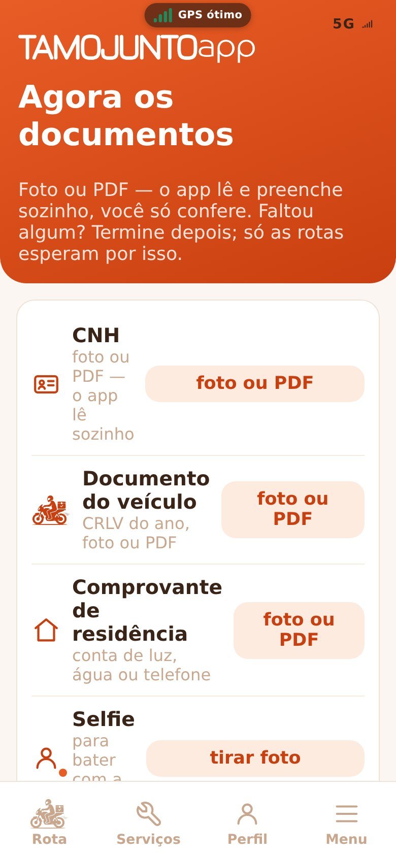 Primeira etapa do cadastro do entregador TamoJuntoApp Entregas